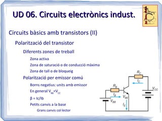 UD 06. Circuits electrònics indust.
Circuits bàsics amb transistors (II)
  Polarització del transistor
     Diferents zones de treball
        Zona activa
        Zona de saturació o de conducció màxima
        Zona de tall o de bloqueig
     Polarització per emissor comú
        Borns negatius: units amb emissor
        En general VBB<VCC
        β = Ic/Ib
        Petits canvis a la base
            Grans canvis col·lector
 