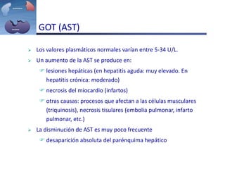 GOT (AST)
 Los valores plasmáticos normales varían entre 5-34 U/L.
 Un aumento de la AST se produce en:
 lesiones hepáticas (en hepatitis aguda: muy elevado. En
hepatitis crónica: moderado)
 necrosis del miocardio (infartos)
 otras causas: procesos que afectan a las células musculares
(triquinosis), necrosis tisulares (embolia pulmonar, infarto
pulmonar, etc.)
 La disminución de AST es muy poco frecuente
 desaparición absoluta del parénquima hepático
 
