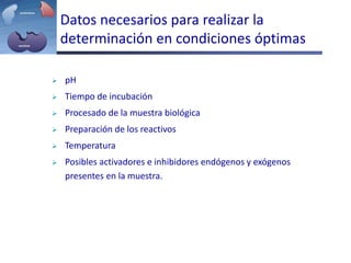 Datos necesarios para realizar la
determinación en condiciones óptimas
 pH
 Tiempo de incubación
 Procesado de la muestra biológica
 Preparación de los reactivos
 Temperatura
 Posibles activadores e inhibidores endógenos y exógenos
presentes en la muestra.
 