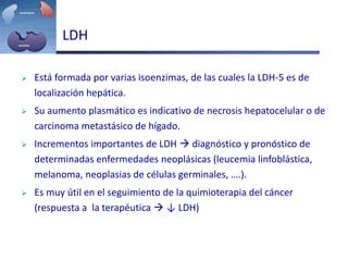 LDH
 Está formada por varias isoenzimas, de las cuales la LDH-5 es de
localización hepática.
 Su aumento plasmático es indicativo de necrosis hepatocelular o de
carcinoma metastásico de hígado.
 Incrementos importantes de LDH  diagnóstico y pronóstico de
determinadas enfermedades neoplásicas (leucemia linfoblástica,
melanoma, neoplasias de células germinales, ….).
 Es muy útil en el seguimiento de la quimioterapia del cáncer
(respuesta a la terapéutica  ↓ LDH)
 