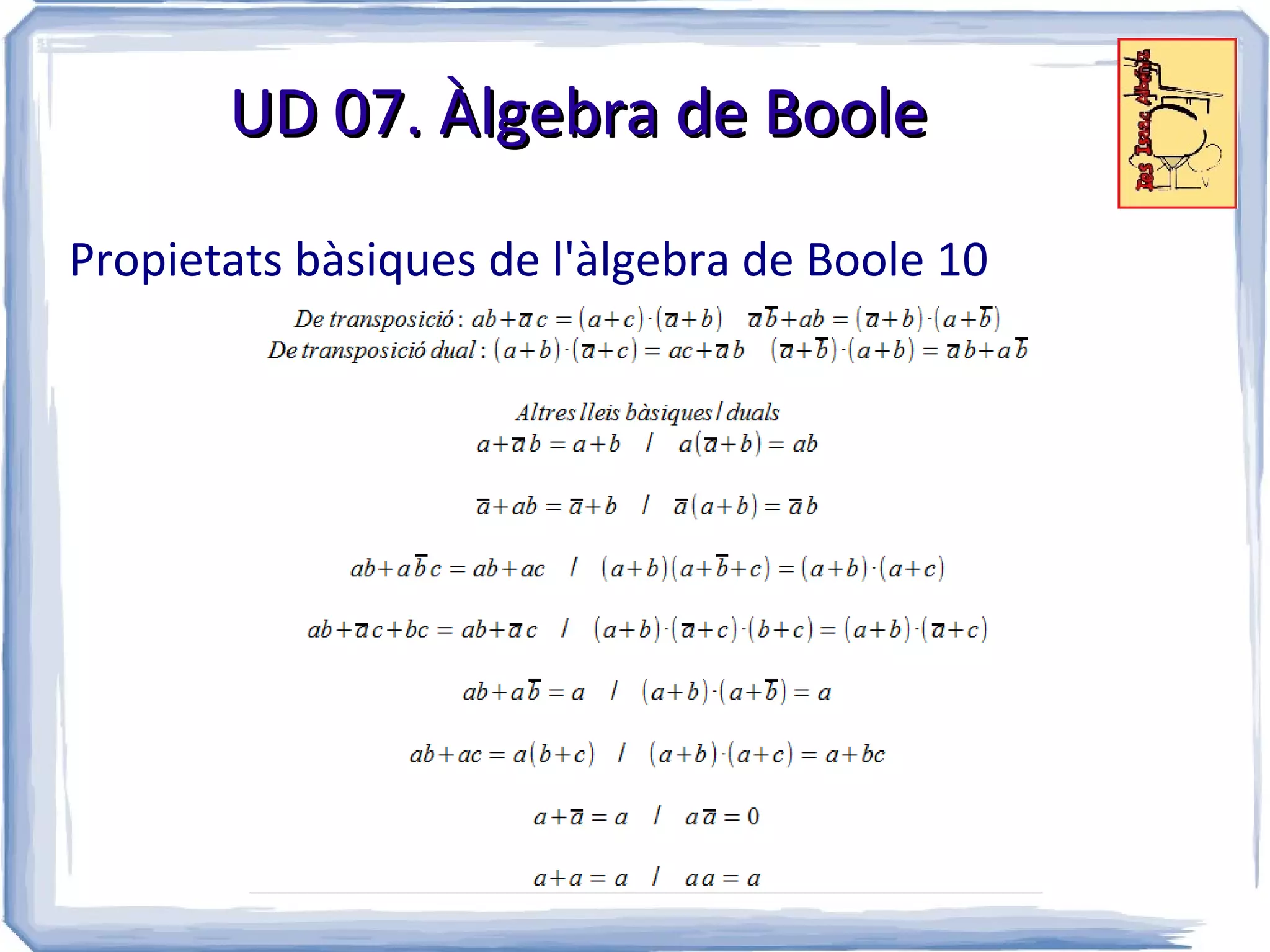 UD 07. Àlgebra de Boole

Propietats bàsiques de l'àlgebra de Boole 10
 