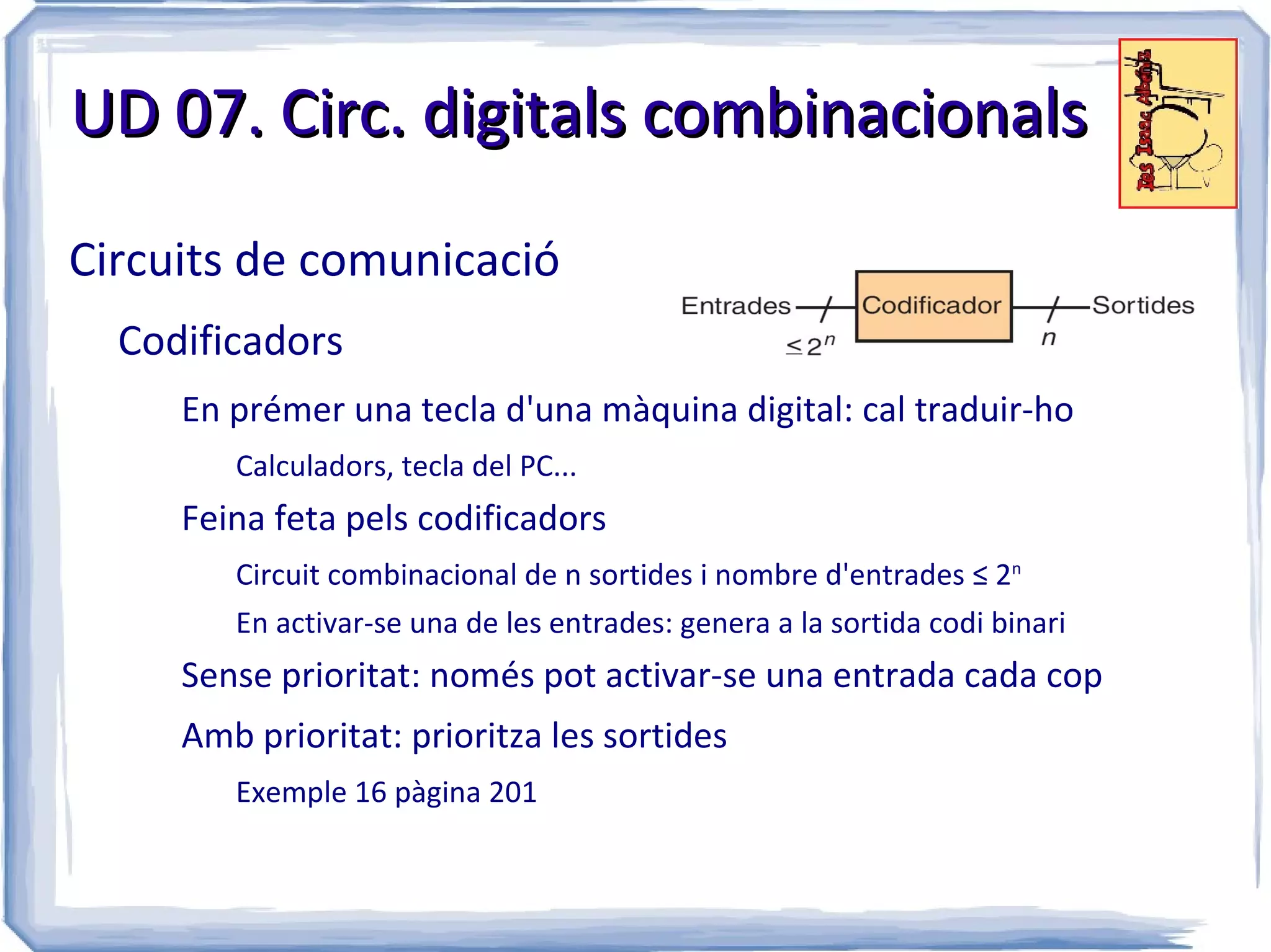UD 07. Circ. digitals combinacionals

Circuits de comunicació
  Codificadors
     En prémer una tecla d'una màquina digital: cal traduir-ho
        Calculadors, tecla del PC...
     Feina feta pels codificadors
        Circuit combinacional de n sortides i nombre d'entrades ≤ 2n
        En activar-se una de les entrades: genera a la sortida codi binari
     Sense prioritat: només pot activar-se una entrada cada cop
     Amb prioritat: prioritza les sortides
        Exemple 16 pàgina 201
 
