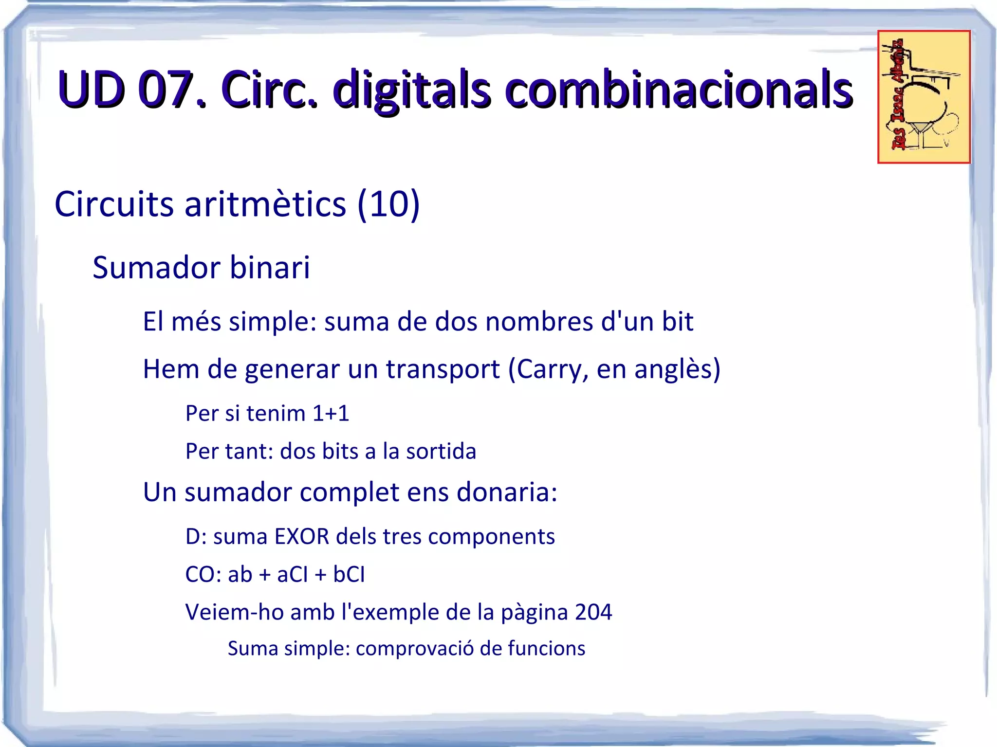 UD 07. Circ. digitals combinacionals

Circuits aritmètics (10)
  Sumador binari
     El més simple: suma de dos nombres d'un bit
     Hem de generar un transport (Carry, en anglès)
        Per si tenim 1+1
        Per tant: dos bits a la sortida
     Un sumador complet ens donaria:
        D: suma EXOR dels tres components
        CO: ab + aCI + bCI
        Veiem-ho amb l'exemple de la pàgina 204
            Suma simple: comprovació de funcions
 