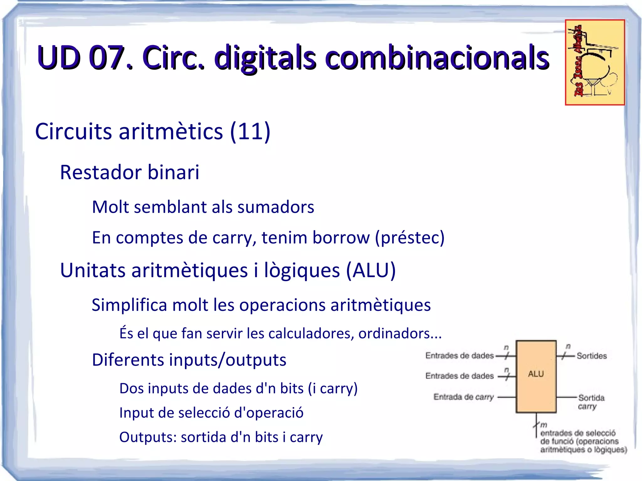 UD 07. Circ. digitals combinacionals

Circuits aritmètics (11)
  Restador binari
     Molt semblant als sumadors
     En comptes de carry, tenim borrow (préstec)
  Unitats aritmètiques i lògiques (ALU)
     Simplifica molt les operacions aritmètiques
        És el que fan servir les calculadores, ordinadors...
     Diferents inputs/outputs
        Dos inputs de dades d'n bits (i carry)
        Input de selecció d'operació
        Outputs: sortida d'n bits i carry
 