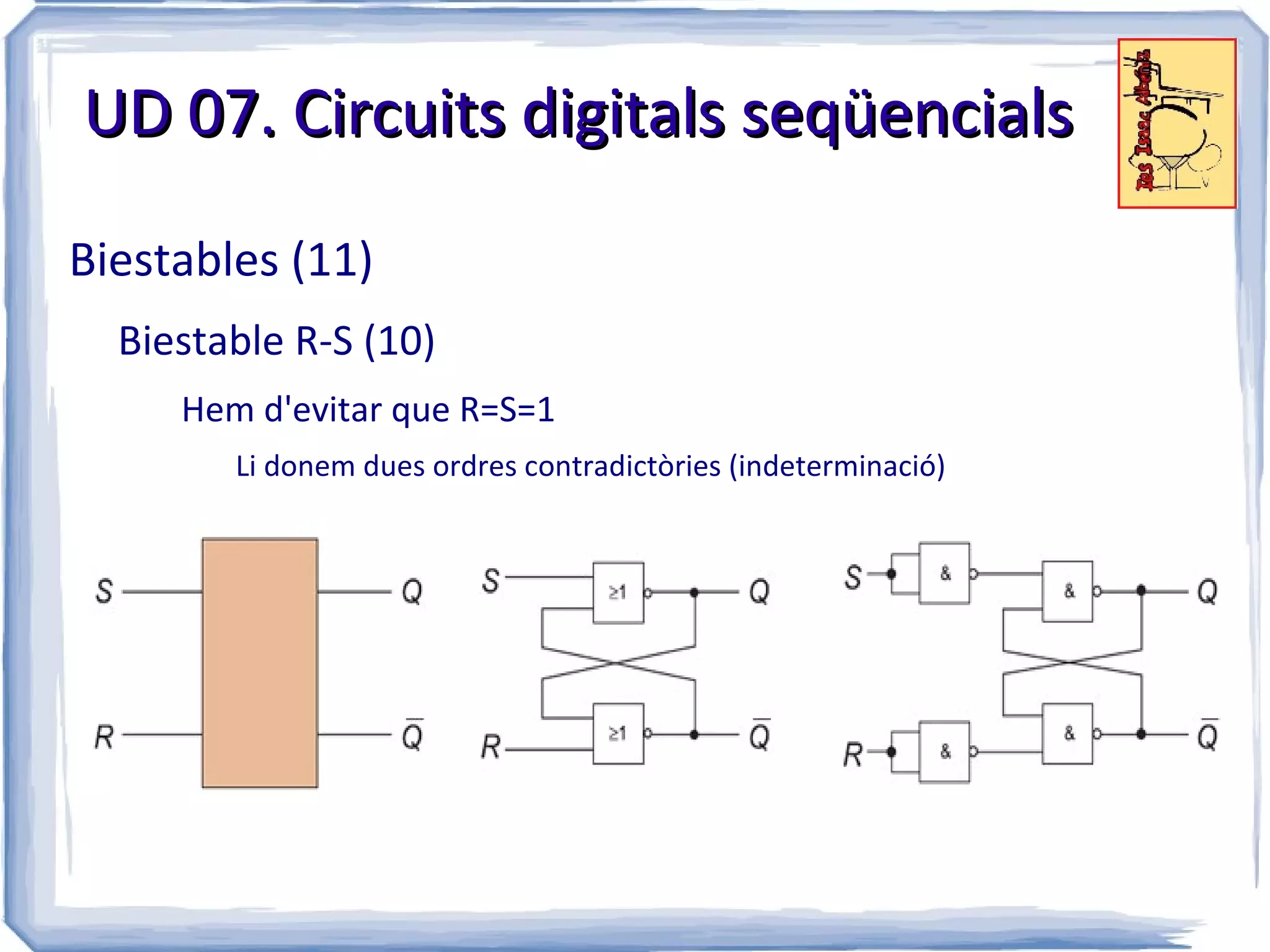 UD 07. Circuits digitals seqüencials

Biestables (11)
  Biestable R-S (10)
     Hem d'evitar que R=S=1
        Li donem dues ordres contradictòries (indeterminació)
 