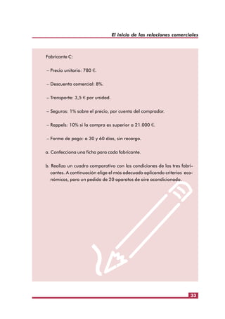 El inicio de las relaciones comerciales

Fabricante C:
– Precio unitario: 780 €.
– Descuento comercial: 8%.
– Transporte: 3,5 € por unidad.
– Seguros: 1% sobre el precio, por cuenta del comprador.
– Rappels: 10% si la compra es superior a 21.000 €.
– Forma de pago: a 30 y 60 días, sin recargo.
a. Confecciona una ficha para cada fabricante.
b. Realiza un cuadro comparativo con las condiciones de los tres fabricantes. A continuación elige el más adecuado aplicando criterios económicos, para un pedido de 20 aparatos de aire acondicionado.

33

 