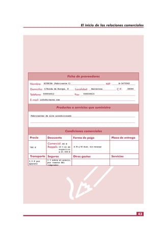 El inicio de las relaciones comerciales

HITECSA (Fabricante C)
C/Ronda de Europa, 8

B-3470042
Barcelona

08080

938939615

938934912
info@hitecsa.com

Fabricantes de aire acondicionado

780 €

3,5 € por
aparato

80 €
10 % si es
superior
a 21.000 €

A 30 y 60 días, sin recargo

1 % sobre el precio,
por cuenta del
comprador

43

 