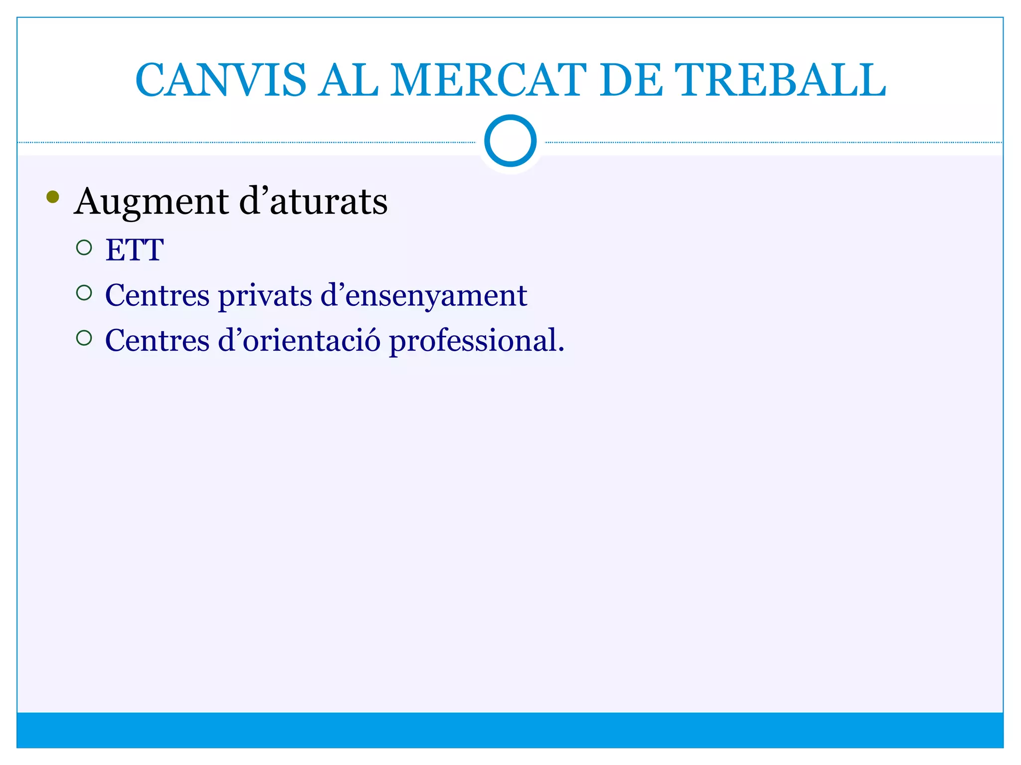 CANVIS AL MERCAT DE TREBALL
 Augment d’aturats
 ETT
 Centres privats d’ensenyament
 Centres d’orientació professional.
 