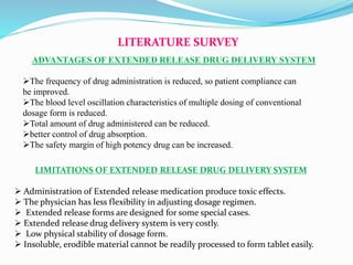 LITERATURE SURVEY
ADVANTAGES OF EXTENDED RELEASE DRUG DELIVERY SYSTEM
The frequency of drug administration is reduced, so patient compliance can
be improved.
The blood level oscillation characteristics of multiple dosing of conventional
dosage form is reduced.
Total amount of drug administered can be reduced.
better control of drug absorption.
The safety margin of high potency drug can be increased.
LIMITATIONS OF EXTENDED RELEASE DRUG DELIVERY SYSTEM
 Administration of Extended release medication produce toxic effects.
 The physician has less flexibility in adjusting dosage regimen.
 Extended release forms are designed for some special cases.
 Extended release drug delivery system is very costly.
 Low physical stability of dosage form.
 Insoluble, erodible material cannot be readily processed to form tablet easily.
 