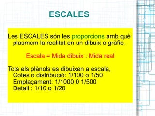ESCALES Les ESCALES són les  proporcions  amb què plasmem la realitat en un dibuix o gràfic. Escala = Mida dibuix : Mida real Tots els plànols es dibuixen a escala, Cotes o distribució: 1/100 o 1/50 Emplaçament: 1/1000 0 1/500 Detall : 1/10 o 1/20 