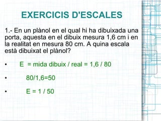 EXERCICIS D'ESCALES 1.- En un plànol en el qual hi ha dibuixada una porta, aquesta en el dibuix mesura 1,6 cm i en la realitat en mesura 80 cm. A quina escala està dibuixat el plànol?  E  = mida dibuix / real = 1,6 / 80  80/1,6=50     E = 1 / 50 