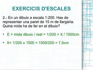 EXERCICIS D'ESCALES 2.- En un dibuix a escala 1:200. Has de representar una paret de 15 m de llargària. Quina mida ha de fer en el dibuix?  E = mida dibuix / real = 1/200 = X / 1500cm X= 1/200 x 1500 = 1500/200 = 7,5cm   