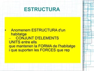 ESTRUCTURA Anomenem ESTRUCTURA d'un habitatge CONJUNT D'ELEMENTS  UNITS entre ells  que mantenen la FORMA de l'habitatge i que suporten les FORCES que rep 