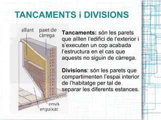 TANCAMENTS i DIVISIONS Tancaments:  són les parets que aïllen l’edifici de l’exterior i s’executen un cop acabada l’estructura en el cas que aquests no siguin de càrrega. Divisions : són les parets que compartimenten l’espai interior de l’habitatge  per tal de separar les diferents estances. 