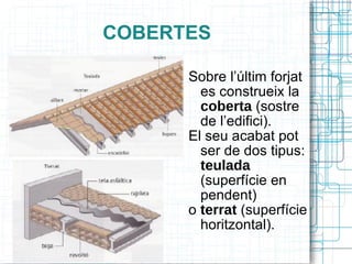 COBERTES Sobre l’últim forjat es construeix la  coberta  (sostre de l’edifici). El seu acabat pot ser de dos tipus:  teulada  (superfície en pendent) o  terrat  (superfície horitzontal). 