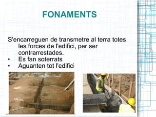 FONAMENTS S'encarreguen de transmetre al terra totes les forces de l'edifici, per ser contrarrestades. Es fan soterrats Aguanten tot l'edifici 