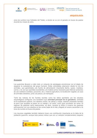 ARQUEOLOGÍA

zona de cumbre (Las Cañadas del Teide), a donde se va con el ganado en busca de pastos
durante los meses de estío.




Economía

Los guanches llevaron a cabo todo un conjunto de estrategias económicas con el objeto de
asegurar la subsistencia del grupo humano. Estas actividades abarcaron desde la cría de
animales, que garantizaba una fuente de alimentación importante (leche, queso, manteca,
carne), a la vez que aportaba excedentes y la materia prima necesaria para fabricar productos
de uso cotidiano (vestidos, punzones, etc.), hasta la agricultura, la recolección vegetal y la caza
de animales silvestres, junto a la pesca y el marisqueo.

Tanto las noticias de las fuentes escritas como los datos aportados por los estudios
arqueológicos configuran una sociedad cuya actividad principal era la ganadería, centrada
en la explotación pastoril, con rebaños mixtos, de cabras y ovejas, estando presentes también
el perro que ayudaba al pastor en su trabajo y el cerdo, como gran proveedor de carne. El
régimen de pastoreo sería trashumante, es decir, durante el otoño e invierno los pastores
permanecían con sus rebaños en las zonas bajas de la isla y llegado el verano ascendían a la
zona de cumbre en busca de pastos.

Los recursos vegetales también debieron tener una contribución importante en la dieta de la
población guanche, aunque todo parece indicar que con un carácter complementario respecto




                                                             CURSO EXPERTOS EN TENERIFE
 