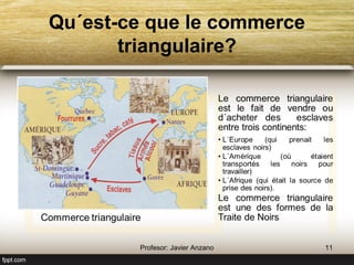 Qu´est-ce que le commerce triangulaire? 
Commerce triangulaire 
11 Profesor: Javier Anzano 
Le commerce triangulaire 
est le fait de vendre ou 
d´acheter des esclaves 
entre trois continents: 
• L´Europe (qui prenait les 
esclaves noirs) 
• L´Amérique (où étaient 
transportés les noirs pour 
travailler) 
• L´Afrique (qui était la source de 
prise des noirs). 
Le commerce triangulaire 
est une des formes de la 
Traite de Noirs 
 