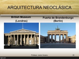 ARQUITECTURA NEOCLÁSICA 
British Museum 
(Londres) 
Puerta de Brandenburgo 
(Berlín) 
33 Profesor: Javier Anzano 
 