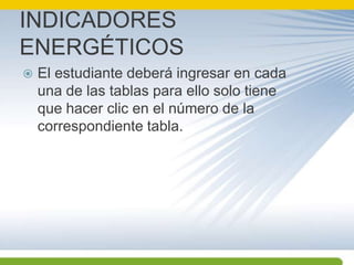 INDICADORES ENERGÉTICOSEl estudiante deberá ingresar en cada una de las tablas para ello solo tiene que hacer clic en el número de la correspondiente tabla.