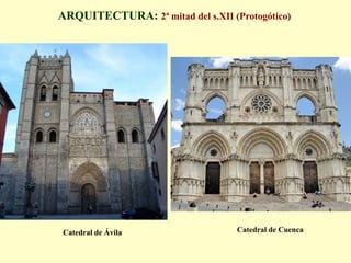 Catedral de Burgos
ARQUITECTURA: Siglo XIII (plenitud del Gótico Castellano)
•  Construcciones plenamente góticas siguiendo el modelo francés: verticalidad,
transepto inscrito y alejado de la cabecera, cabecera con deambulatorio y
multiplicidad de capillas radiales, alzado en tres niveles, arbotantes y
contrafuertes exentos, fachada flanqueada por dos torres...
 