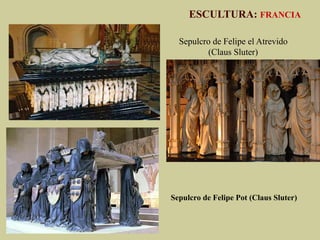 ESCULTURA: Características Generales
•  Iconografía: continua siendo básicamente religiosa. Cobran interés la vida de los santos, cuyas
vidas resultan más cercanas y humanas.
VIRGEN CON NIÑO: se observa el amor
materno, ya no es solo el trono de Dios.
LA CRUCIFIXIÓN: Cristo de 3 clavos (un sólo clavo para los 2 pies). Más
humanizado: muestra el dolor y el sufrimiento propios de un humano, inspira
compasión. Cuerpo arqueado, se abandona la rigidez y verticalidad.
Virgen Blanca
(Catedral de Toledo)
Cristo románico
(Cuatro clavos)
Cristo gótico
(Tres clavos)
 