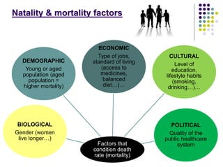 Natality & mortality factors
Factors that
condition death
rate (mortality)
ECONOMIC
Type of jobs,
standard of living
(access to
medicines,
balanced
diet…)…
DEMOGRAPHIC
Young or aged
population (aged
population =
higher mortality)
CULTURAL
Level of
education,
lifestyle habits
(smoking,
drinking…)…
POLITICAL
Quality of the
public healthcare
system
BIOLOGICAL
Gender (women
live longer…)
 