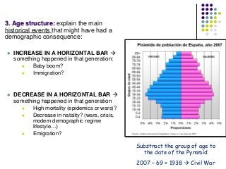 3. Age structure: explain the main
historical events that might have had a
demographic consequence:
 INCREASE IN A HORIZONTAL BAR 
something happened in that generation:
 Baby boom?
 Immigration?
 DECREASE IN A HORIZONTAL BAR 
something happened in that generation
 High mortality (epidemics or wars)?
 Decrease in natality? (wars, crisis,
modern demographic regime
lifestyle…)
 Emigration?
Substract the group of age to
the date of the Pyramid
2007 – 69 = 1938  Civil War
 
