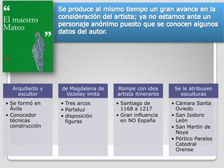 Arquitecto y   de Magdalena de   Rompe con idea        Se le atribuyen
    escultor       Vezelay imita   artista itinerante      esculturas
• Se formó en    • Tres arcos      • Santiago de        • Cámara Santa
  Ávila          • Parteluz          1168 a 1217          Oviedo
• Conocedor      • disposición     • Gran influencia    • San Isidoro
  técnicas         figuras           en NO España         León
  construcción                                          • San Martín de
                                                          Noya
                                                        • Pórtico Paraíso
                                                          Catedral
                                                          Orense
 