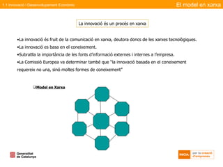 Model en Xarxa La innovació és fruit de la comunicació en xarxa, deutora doncs de les xarxes tecnològiques. La innovació es basa en el coneixement. Subratlla la importància de les fonts d’informació externes i internes a l’empresa. La Comissió Europea va determinar també que “la innovació basada en el coneixement requereix no una, sinó moltes formes de coneixement” La innovació és un procés en xarxa El model en xarxa 1.1 Innovació i Desenvolupament Econòmic 