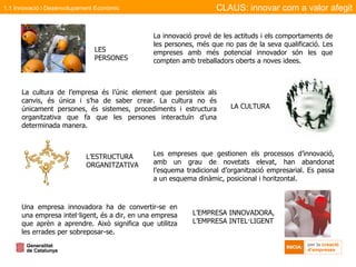 La innovació prové de les actituds i els comportaments de les persones, més que no pas de la seva qualificació. Les empreses amb més potencial innovador són les que compten amb treballadors oberts a noves idees.  LES PERSONES LA CULTURA La cultura de l’empresa és l’únic element que persisteix als canvis, és única i s’ha de saber crear. La cultura no és únicament persones, és sistemes, procediments i estructura organitzativa que fa que les persones interactuïn d’una determinada manera. L’ESTRUCTURA ORGANITZATIVA Les empreses que gestionen els processos d’innovació, amb un grau de novetats elevat, han abandonat l’esquema tradicional d’organització empresarial. Es passa a un esquema dinàmic, posicional i horitzontal. Una empresa innovadora ha de convertir-se en una empresa intel·ligent, és a dir, en una empresa que aprèn a aprendre. Això significa que utilitza les errades per sobreposar-se. L’EMPRESA INNOVADORA, L’EMPRESA INTEL·LIGENT CLAUS: innovar com a valor afegit 1.1 Innovació i Desenvolupament Econòmic 