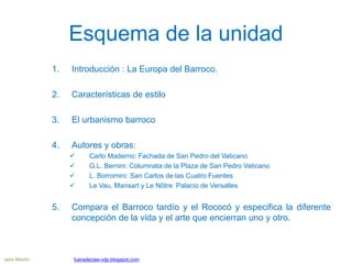 Esquema de la unidad
1. Introducción : La Europa del Barroco.
2. Características de estilo
3. El urbanismo barroco
4. Auto...