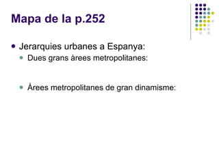 Mapa de la p.252 Jerarquies urbanes a Espanya: Dues grans àrees metropolitanes: Àrees metropolitanes de gran dinamisme: 