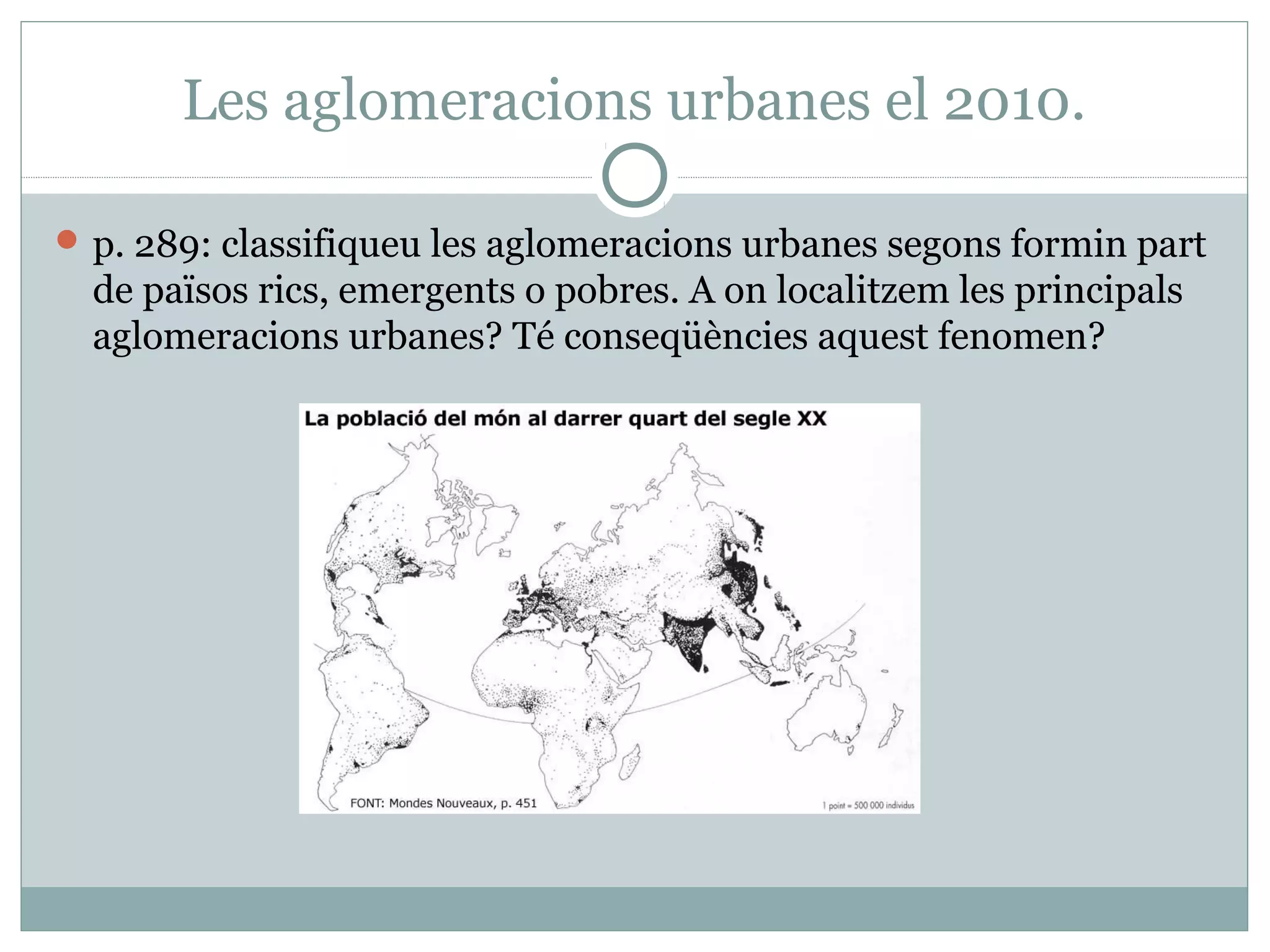 Les aglomeracions urbanes el 2010.

 p. 289: classifiqueu les aglomeracions urbanes segons formin part
  de països rics, emergents o pobres. A on localitzem les principals
  aglomeracions urbanes? Té conseqüències aquest fenomen?
 