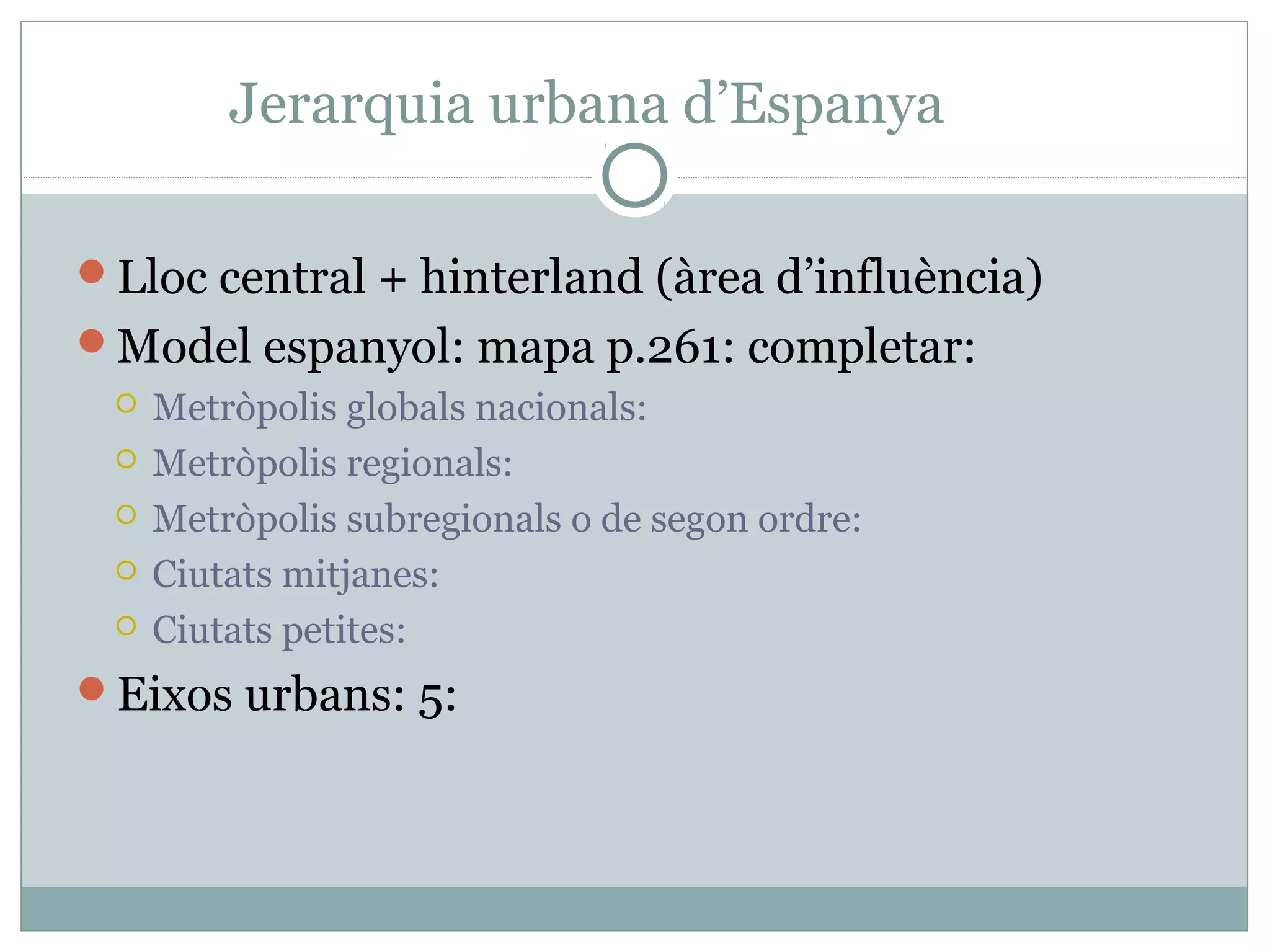 Jerarquia urbana d’Espanya

Lloc central + hinterland (àrea d’influència)
Model espanyol: mapa p.261: completar:
    Metròpolis globals nacionals:
    Metròpolis regionals:
    Metròpolis subregionals o de segon ordre:
    Ciutats mitjanes:
    Ciutats petites:
Eixos urbans: 5:
 