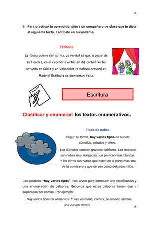 18 

 

9. Para practicar lo aprendido, pide a un compañero de clase que te dicte
     el siguiente texto. Escríbelo en tu cuaderno.



                            Estíbaliz

    Estíbaliz quiere ser actriz. La verdad es que, a pesar de

     su timidez, en el escenario actúa sin dificultad. Ya ha

    actuado en Cádiz y en Valladolid. ¡Y mañana actuará en

             Madrid! Estíbaliz se siente muy feliz.




                                               Escritura


Clasificar y enumerar: los textos enumerativos.


                                               Tipos de nubes

                                Según su forma, hay varios tipos de nubes:
                                          cúmulos, estratos y cirros.

                            Los cúmulos parecen grandes coliflores. Los estratos
                            son nubes muy alargadas que parecen tiras blancas.
                            Y los cirros son nubes que están en la parte más alta
                             de la atmósfera y que se ven como delgados hilos.



Las palabras “hay varios tipos”, nos sirven para introducir una clasificación y
una enumeración de palabras. Recuerda que estas palabras tienen que ir
separadas por comas. Por ejemplo:

     Hay varios tipos de alimentos: frutas, verduras, carnes, pescados, lácteos.
                               Ana Quevedo Montes 
                                                                                   18
 
 
