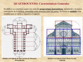 QUATTROCENTO: Características Generales
El edificio se construye según una serie de proporciones matemáticas, atendiendo a la nueva
concepción de la belleza, entendida como armonía entre las partes. Se busca un módulo (una
medida) que se repite y organiza el espacio.
Módulo en la Iglesia de San Lorenzo de Florencia
(Brunelleschi)
Módulo en la Iglesia Santa María Novella
(Alberti)
 