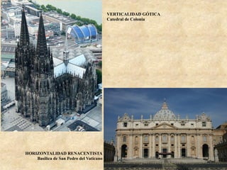 HORIZONTALIDAD RENACENTISTA
Basilica de San Pedro del Vaticano
VERTICALIDAD GÓTICA
Catedral de Colonia
 