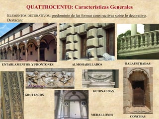QUATTROCENTO: Características Generales
ELEMENTOS DECORATIVOS: predominio de las formas constructivas sobre lo decorativo.
Destacan:
ENTABLAMENTOS Y FRONTONES
GRUTESCOS
ALMOHADILLADOS
MEDALLONES
GUIRNALDAS
CONCHAS
BALAUSTRADAS
 