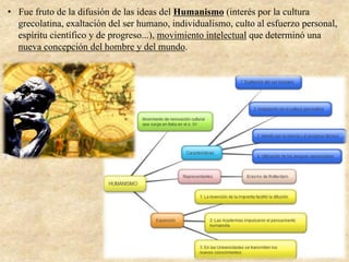 •  Fue fruto de la difusión de las ideas del Humanismo (interés por la cultura
grecolatina, exaltación del ser humano, individualismo, culto al esfuerzo personal,
espíritu científico y de progreso...), movimiento intelectual que determinó una
nueva concepción del hombre y del mundo.
 