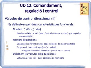 UD 12. El circuit pneumàtic Conté, bàsicament, els blocs funcionals (II) Regulació i control Distribuïdors, vàlvules de control, sensors Actuacions pneumàtiques Cilindres actuadors, actuadors de gir, motors rotatius 