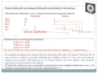 Conversión de un número binario a decimal y viceversa: De decimal a binario : 45,63 .  Comenzamos por la parte entera:   Cociente   Resto 45:2 22 1 22:2 11 0 11:2 5 1 5:2 2 1 2.2 1 0 Bit más significativo   1  0  1  1 0  1   (2)  Continuamos con la parte decimal: 0,63 x 2 = 1,26 0,26 x 2 = 0,52 0,52 x 2 =1,04 Por tanto el número 45,63, tendrá como equivalente binario:  45,63  (10)  = 101111,101  (2) La cantidad de dígitos del número binario dependerá del valor del número decimal. En el caso anterior el número 45 queda definido por 6 dígitos. Como 2 6  = 64, este es el total de números que pueden representarse en el sistema binario con seis dígitos. Para número superiores a 64 necesitamos más dígitos. El total de números que se pueden representar con  n  dígitos binarios es 2 n , y el número más grande que se puede representar 2 n  -1 