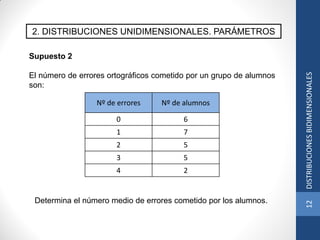 2. DISTRIBUCIONES UNIDIMENSIONALES. PARÁMETROS
Nº de errores Nº de alumnos
0 6
1 7
2 5
3 5
4 2
Supuesto 2
El número de errores ortográficos cometido por un grupo de alumnos
son:
Determina el número medio de errores cometido por los alumnos.
12DISTRIBUCIONESBIDIMENSIONALES
 