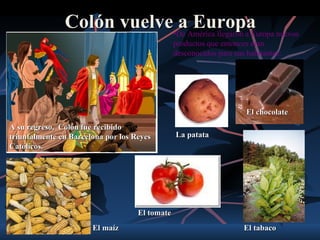 Colón vuelve•De América llegaron a Europa nuevos
                            a Europa
                                                productos que entonces eran
                                                desconocidos para sus habitantes:




                                                                      El chocolate
A su regreso, Colón fue recibido
triunfalmente en Barcelona por los Reyes        La patata
Católicos.




                                    El tomate
                       El maíz                                       El tabaco
 