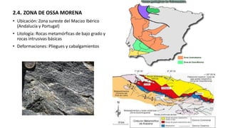 2.4. ZONA DE OSSA MORENA
• Ubicación: Zona sureste del Macizo Ibérico
(Andalucía y Portugal)
• Litología: Rocas metamórficas de bajo grado y
rocas intrusivas básicas
• Deformaciones: Pliegues y cabalgamientos
 