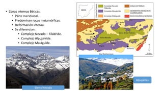 • Zonas internas Béticas.
• Parte meridional.
• Predominan rocas metamórficas.
• Deformación intensa.
• Se diferencian:
• Complejo Nevado – Filabride.
• Complejo Alpujárride.
• Complejo Maláguide.
Sierra Nevada
Alpujarras
 