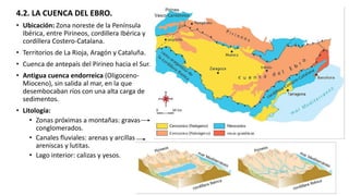 4.2. LA CUENCA DEL EBRO.
• Ubicación: Zona noreste de la Península
Ibérica, entre Pirineos, cordillera Ibérica y
cordillera Costero-Catalana.
• Territorios de La Rioja, Aragón y Cataluña.
• Cuenca de antepaís del Pirineo hacia el Sur.
• Antigua cuenca endorreica (Oligoceno-
Mioceno), sin salida al mar, en la que
desembocaban ríos con una alta carga de
sedimentos.
• Litología:
• Zonas próximas a montañas: gravas
conglomerados.
• Canales fluviales: arenas y arcillas
areniscas y lutitas.
• Lago interior: calizas y yesos.
 