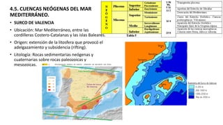 4.5. CUENCAS NEÓGENAS DEL MAR
MEDITERRÁNEO.
• SURCO DE VALENCIA
• Ubicación: Mar Mediterráneo, entre las
cordilleras Costero-Catalanas y las islas Baleares.
• Origen: extensión de la litosfera que provocó el
adelgazamiento y subsidencia (rifting).
• Litología: Rocas sedimentarias neógenas y
cuaternarias sobre rocas paleozoicas y
mesozoicas.
 