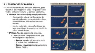 5.1. FORMACIÓN DE LAS ISLAS.
• Cada isla ha tenido una evolución diferente, pero
todas han pasado por dos fases, aunque solo sean
visibles en Fuerteventura, La Gomera y La Palma.
• 1ª Etapa. Fase submarina y complejos basales:
• Construcción submarina: formación de
complejos basales (rocas plutónicas, lavas
almohadilladas, sedimentos marinos y
diques)
• Son los materiales más profundos de las
islas, que afloran llevando en su interior las
raíces subvolcánicas.
• 2º Etapa. Fase de crecimiento subaéreo.
• Emersión de los complejos basales y se
inicia el periodo de erosión.
• Fase de escudo: volcanes en escudo
(Cumbre vieja en la Palma)
• Fase de rejuvenecimiento: vulcanismo
básico (Teide).
 