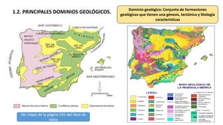 1.2. PRINCIPALES DOMINIOS GEOLÓGICOS. Dominio geológico: Conjunto de formaciones
geológicas que tienen una génesis, tectónica y litología
características
Ver mapa de la página 235 del libro de
texto
 